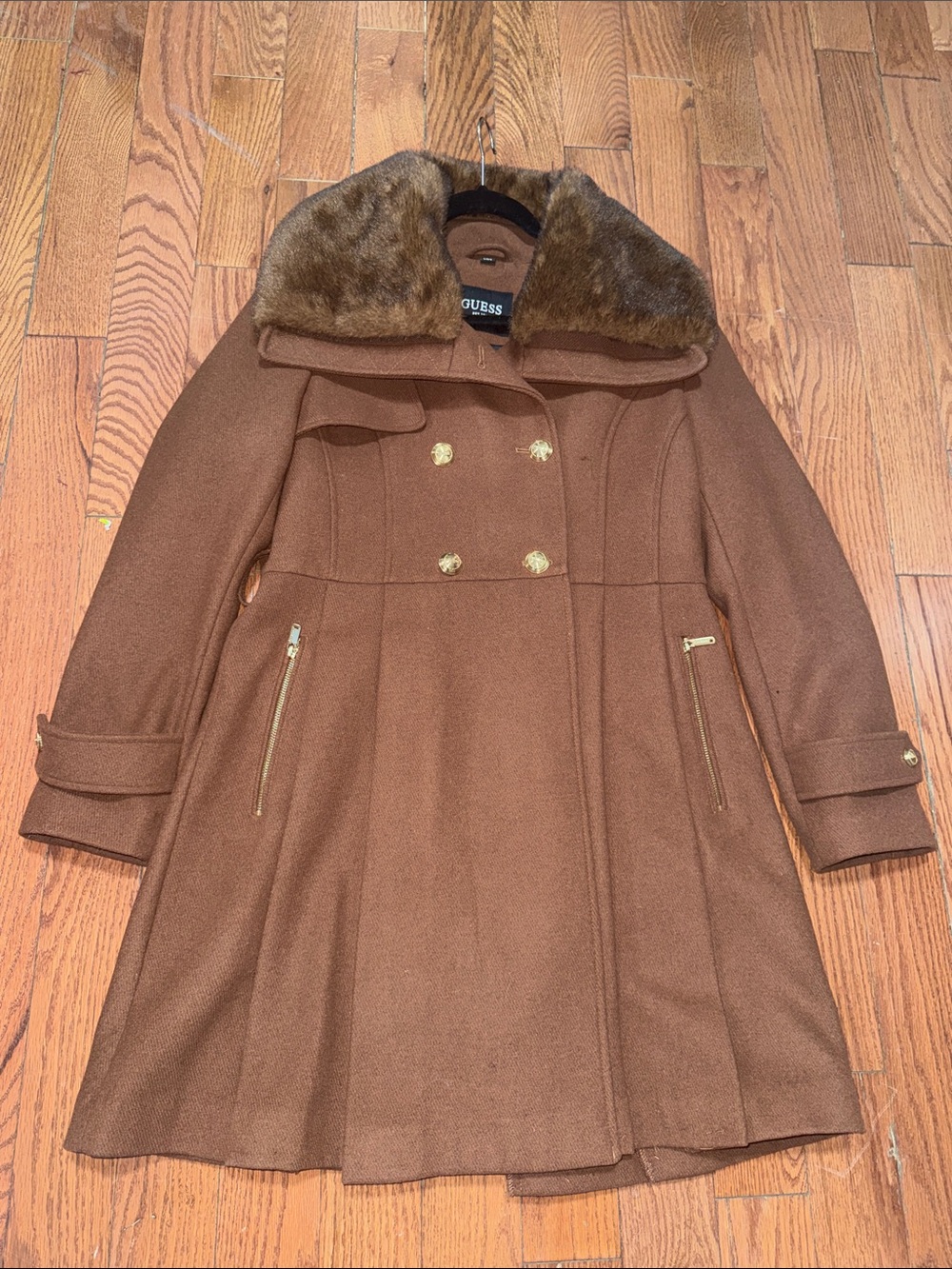 Guess Brown Double-Breasted Wool-Blend Pea Coat with Faux Fur Collar